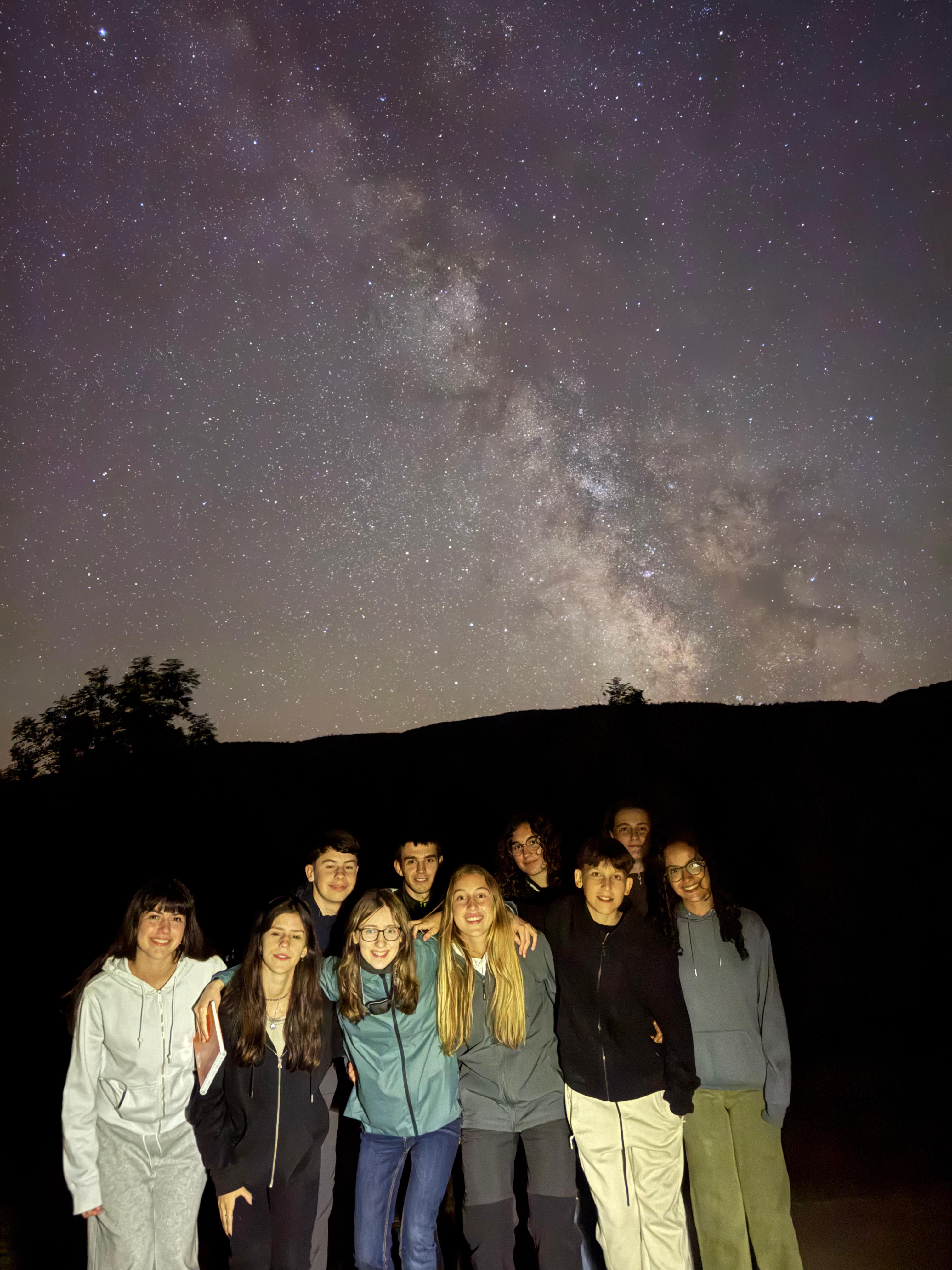 foto nocturna de l'equip d'astro amb la Via Làctea de fons